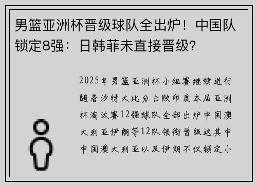 男篮亚洲杯晋级球队全出炉！中国队锁定8强：日韩菲未直接晋级？